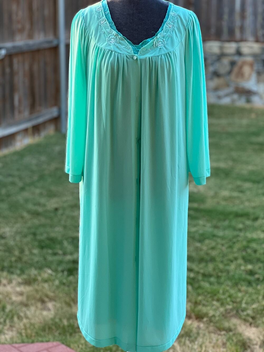 Vintage 60s 70s Aqua Peignoir Set Nightgown Robe Embroidered Floral Lingerie